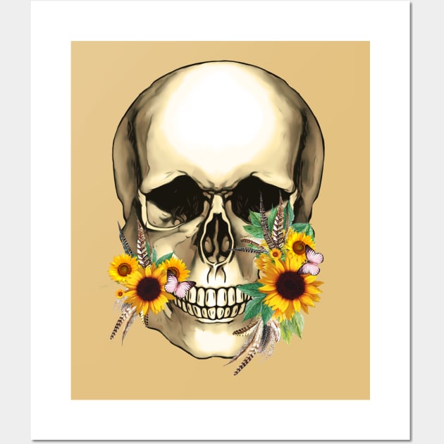 Sage Tribe Skull With sunflowers and feathers Wall Art by Collagedream